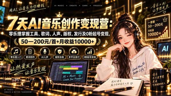 AI音乐创作变现营：零乐理掌握工具、歌词、人声、版权、发行及0粉起号变现，50—200元/首+月收益10000+-一鸣资源网