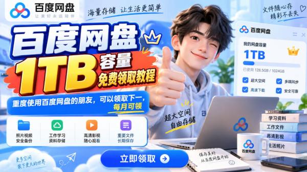 百度网盘1TB容量免费领取教程，重度使用百度网盘的朋友，可以领取下一，每月可领-一鸣资源网