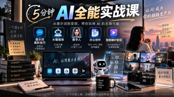 5分钟AI全能实战课｜提示词高阶技巧+AI智能体+数字人+办公创作+短视频IP变现全教程-一鸣资源网