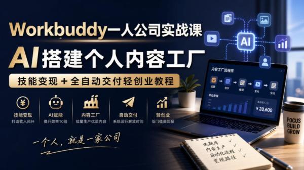 Workbuddy一人公司实战课，AI搭建个人内容工厂，技能变现+全自动交付轻创业教程​-一鸣资源网