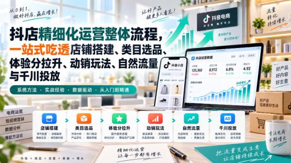 李哥电商-抖店精细化运营整体流程，一站式吃透店铺搭建、类目选品、体验分拉升、动销玩法、自然流量与千川投放-一鸣资源网