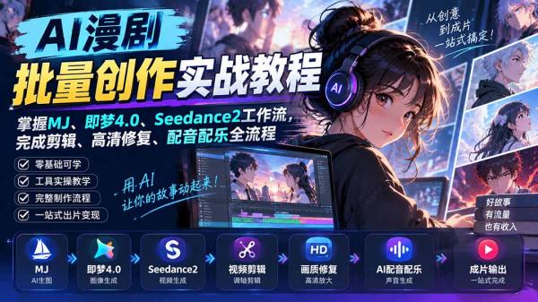 AI漫剧批量创作实战教程：掌握MJ、即梦4.0、Seedance2工作流，完成剪辑、高清修复、配音配乐全流程-一鸣资源网