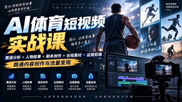 AI体育短视频赛道顶级玩法｜赛道分析+人物故事+剧本创作+版权处理+运镜剪辑，跑通流量变现-日赚1K+-一鸣资源网