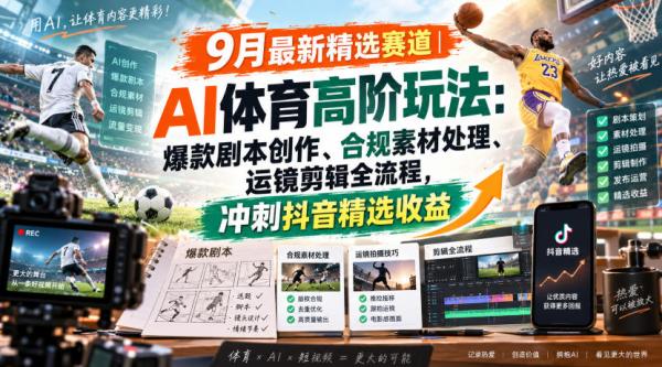 某大佬的9月最新精选赛道之AI体育顶级玩法，爆款剧本创作、版权规避、运镜剪辑全流程，稳拿抖音精选收益-一鸣资源网