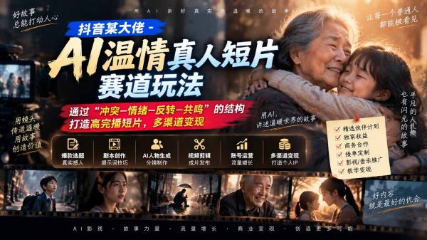 抖音某大佬-AI温情真人短片赛道玩法：通过“冲突—情绪—反转—共鸣”的结构打造高完播短片，多渠道变现-一鸣资源网