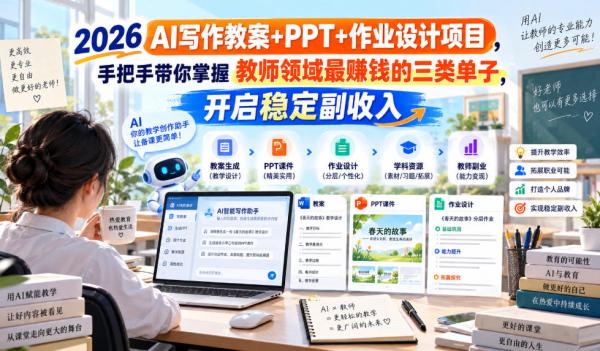 2026 AI写作教案+PPT+作业设计项目，手把手带你掌握教师领域最賺钱的三类单子，开启稳定副收入-一鸣资源网