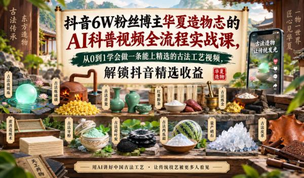 图片[1]-抖音6W粉丝博主华夏造物志的AI科普视频全流程实战课，从0到1学会做一条能上精选的古法工艺视频，解锁抖音精选收益-一鸣资源网