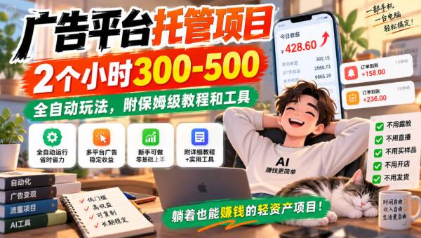 广告平台托管项目，2个小时300-500，全自动玩法，附保姆级教程和工具，小白照着就能做【揭秘】-一鸣资源网