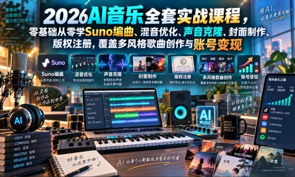 2026AI音乐实战课程，零基础从零学Suno编曲、混音优化、声音克隆、版权注册，覆盖多风格歌曲创作与账号变现-一鸣资源网