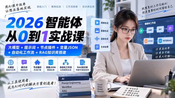 2026智能体从0到1实战课｜大模型+提示词+节点插件+变量JSON+自动化工作流+RAG知识库搭建-一鸣资源网