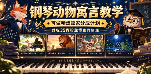钢琴动物寓言教学，可做精选独家分成计划，对标35W粉丝博主同款课-一鸣资源网