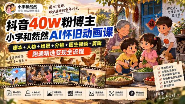 图片[1]-抖音40W粉博主小宇和然然AI怀旧动画课｜脚本+人物+场景+分镜+图生视频+剪辑，跑通精选变现全流程-一鸣资源网
