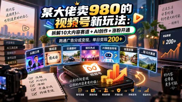图片[1]-某大佬卖980的视频号新玩法：拆解10大内容赛道+AI创作+涨粉开通，跑通广告分成变现，单日变现200+-一鸣资源网