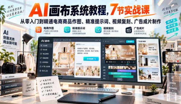 AI画布系统教程，7节实战课从零入门到精通电商商品作图、精准提示词、视频复刻、广告成片制作-一鸣资源网
