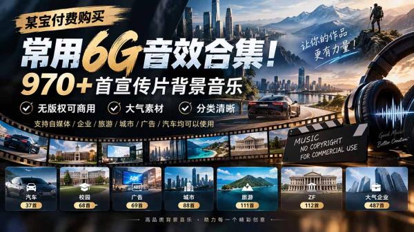 图片[1]-某宝付费购买，常用6G音效合集！970+首宣传片背景音乐，无版权可商用大气素材，分类清晰-一鸣资源网