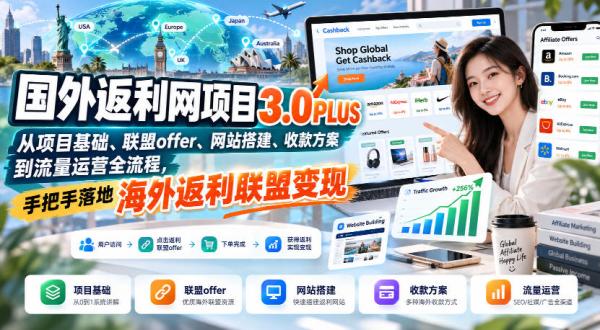 国外返利网项目3.0PLUS，从项目基础、联盟offer、网站搭建、收款方案到流量运营全流程，手把手落地海外返利联盟变现-一鸣资源网