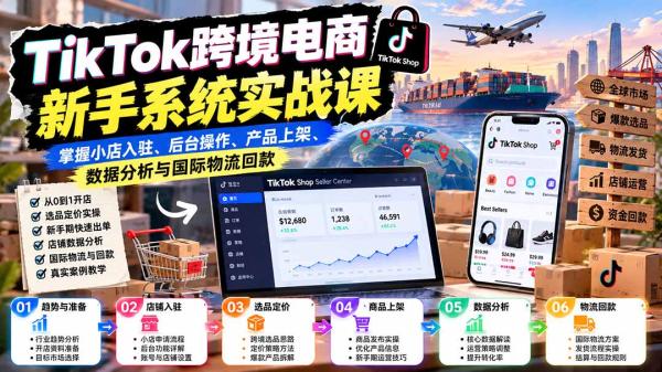 TikTok跨境电商新手系统实战课：掌握小店入驻、后台操作、产品上架、数据分析与国际物流回款-一鸣资源网