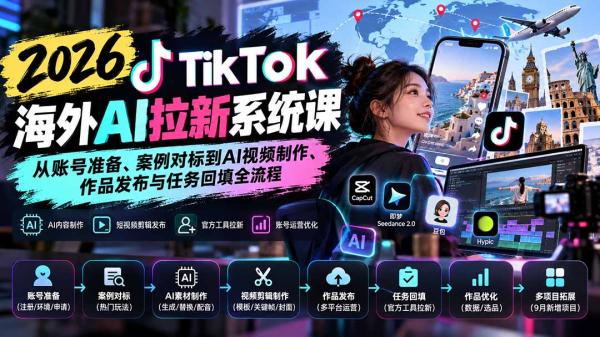 【无水印】2026 TikTok海外AI拉新系统课：从账号准备、案例对标到AI视频制作、作品发布与任务回填全流程-一鸣资源网