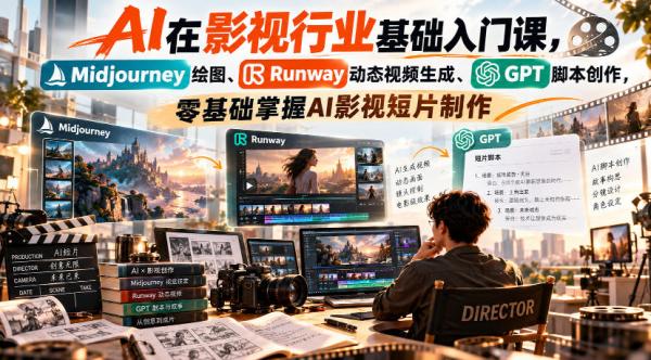 【无水印】AI在影视行业基础入门课，Midjourney绘图、Runway动态视频生成、GPT脚本创作，零基础掌握AI影视短片制作-一鸣资源网