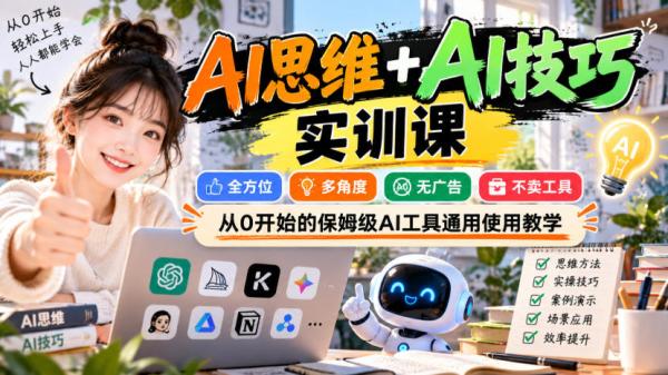 【无水印】AI思维+AI技巧实训课，全方位、多角度、无广告、不卖工具，从0开始的保姆级AI工具通用使用教学-一鸣资源网