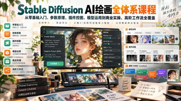 图片[1]-【无水印】Stable Diffusion AI绘画全体系课程，从零基础入门、参数原理、插件控图、模型运用到商业实操、高阶工作流全覆盖-一鸣资源网