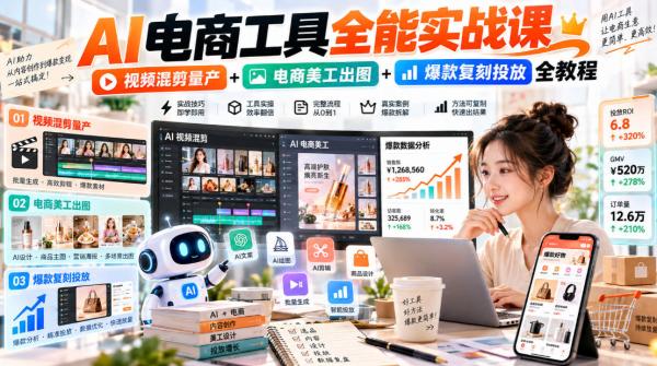 AI电商工具全能实战教学，视频混剪量产+电商美工出图+爆款复刻投放全教程​-一鸣资源网
