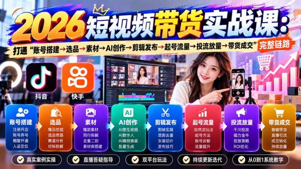 2026短视频带货实战课9月：打通“账号搭建→选品→素材→AI创作→剪辑发布→起号流量→投流放量→带货成交”完整链路-一鸣资源网