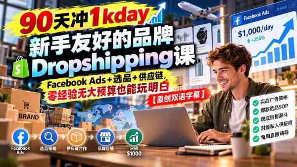 图片[1]-90天冲1kday 新手友好的品牌Dropshipping课：Facebook Ads+选品+供应链，零经验无大预算也能玩明白【原创双语字幕】-一鸣资源网
