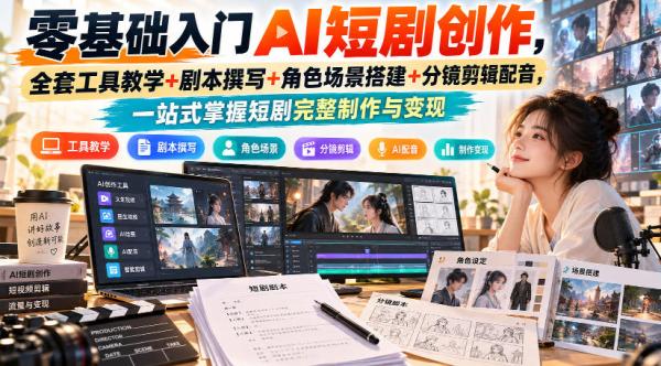 零基础入门AI短剧创作，全套工具教学+剧本撰写+角色场景搭建+分镜剪辑配音，一站式掌握短剧完整制作与变现-一鸣资源网