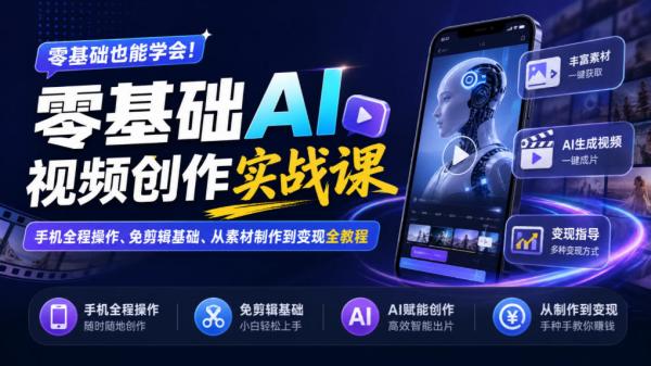 零基础AI视频创作实战课｜手机全程操作、免剪辑基础、从素材制作到变现全教程​-一鸣资源网