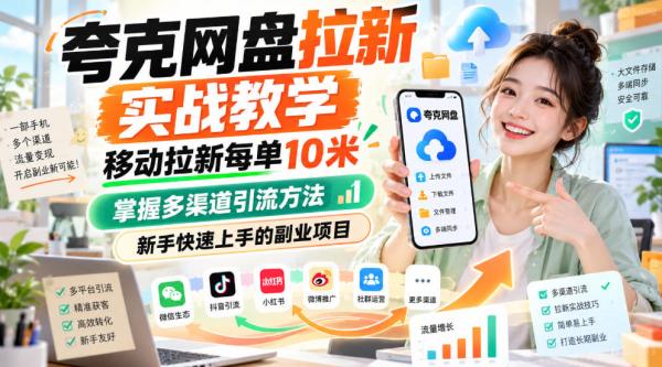 夸克网盘拉新实战教学，移动拉新每单10米，掌握多渠道引流方法，新手快速上手的副业项目(更新1017)-一鸣资源网