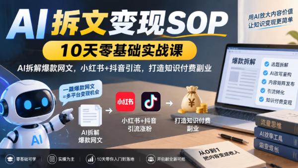 AI拆文变现SOP｜10天零基础实战课，AI拆解爆款网文，小红书+抖音引流，打造知识付费副业-一鸣资源网