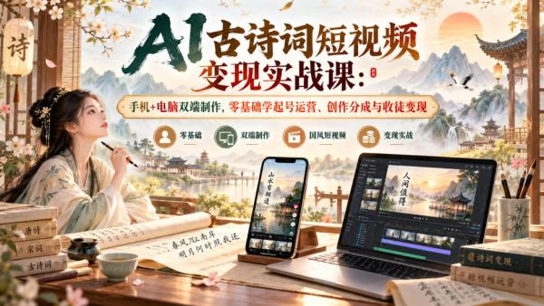 图片[1]-AI古诗词短视频变现实战课：手机+电脑双端制作，零基础学起号运营、创作分成与收徒变现-一鸣资源网