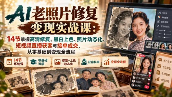 图片[1]-AI老照片修复变现实战课：14节掌握高清修复、黑白上色、照片动态化、短视频直播获客与接单成交，从零基础到变现全流程-一鸣资源网