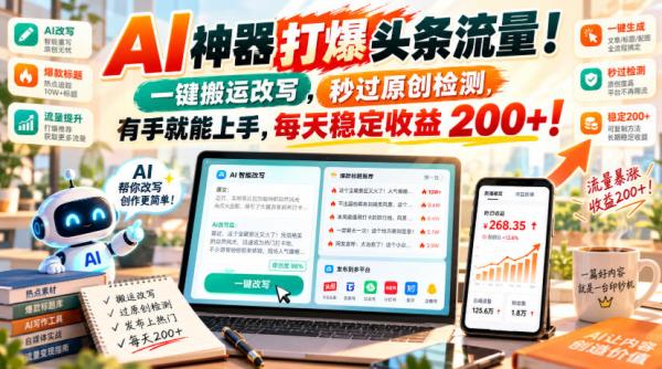 图片[1]-AI神器打爆头条流量，一键搬运改写，秒过原创检测，有手就能上手，每天稳定收益200+！【揭秘】-一鸣资源网