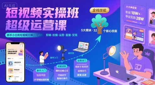 图片[1]-短视频实操班超级运营课，新手小白到短视频大神必修课程，剪辑-拍摄-运营-直播-变现-一鸣资源网