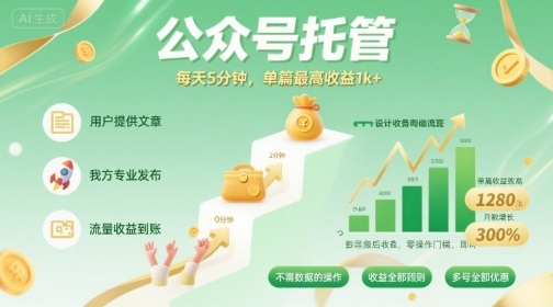 【公众号托管 】我提供文章，你发布，每天5分钟，单篇最高收益1k+【揭秘】-一鸣资源网