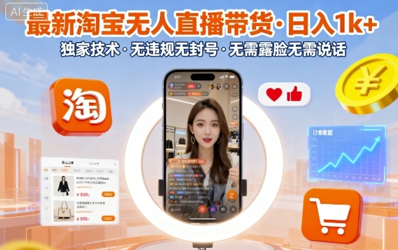 最新淘宝无人直播带货，日入1k+，独家技术，无违规无封号，无需露脸无需说话【揭秘】-一鸣资源网