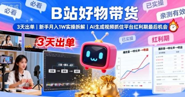 B站好物带货，3天出单，新手月入1W实操拆解，AI生成视频，抓住平台红利期最后机会-一鸣资源网