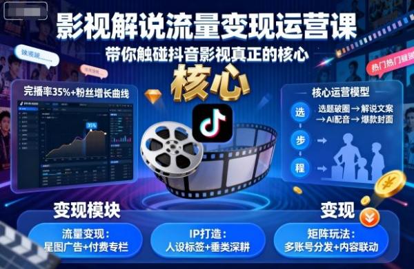 影视解说流量变现运营课，带你触碰抖音影视真正的核心-一鸣资源网