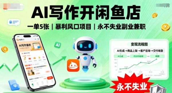 AI写作开闲鱼店，一单5张，暴利风口项目，永不失业副业兼职【全网首发】-一鸣资源网