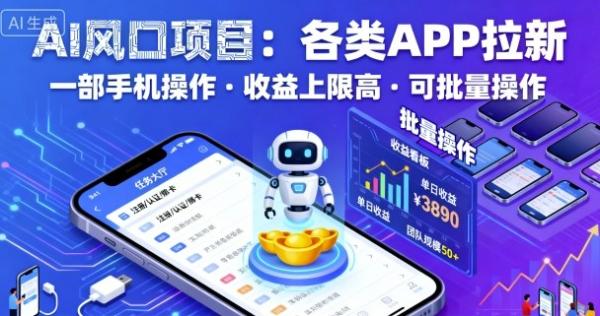 AI风口项目，各类APP拉新，一部手机就可以操作，收益上限高，可批量操作-一鸣资源网