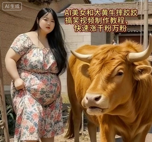 AI美女和大黄牛摔跤搞笑荒诞视频制作教程，快速涨千粉万粉-一鸣资源网