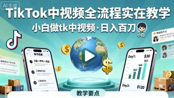 TikTok中视频全流程实操教学，小白做tk中视频，日入百刀-一鸣资源网