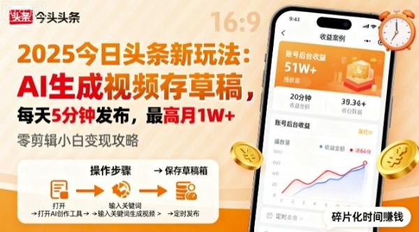 2025年今日头条躺賺新玩法，AI生成视频存草稿，每天5分钟发布，最高月1W+【揭秘】-一鸣资源网