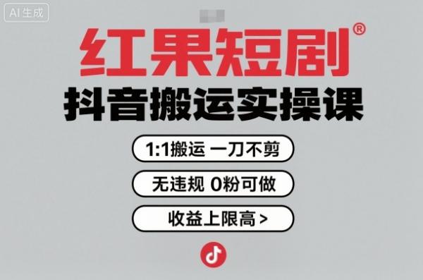红果短剧拉新之抖音搬运实操课，1：1搬运，一刀不剪，无违规，0粉可做，收益上限高-一鸣资源网