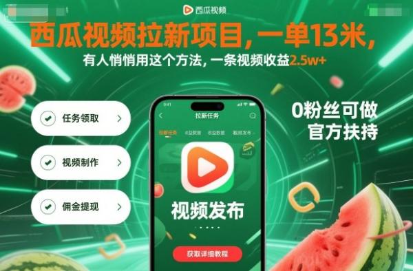 西瓜视频拉新项目，一单13米，有人悄悄用这个方法，一条视频收益2.5w+（附详细教程）-一鸣资源网