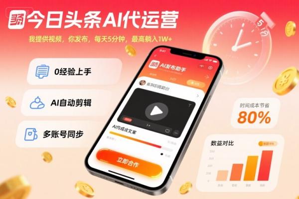 今日头条AI代运营，我提供视频，你发布，每天5分钟，最高躺入1W+【揭秘】-一鸣资源网